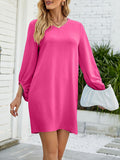 Momentlover Solid Color Ruffled Puff Sleeves Loose V-Neck Mini Dresses