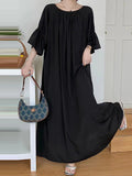 Momentlover Solid Color Loose Half Sleeves Round-Neck Midi Dresses