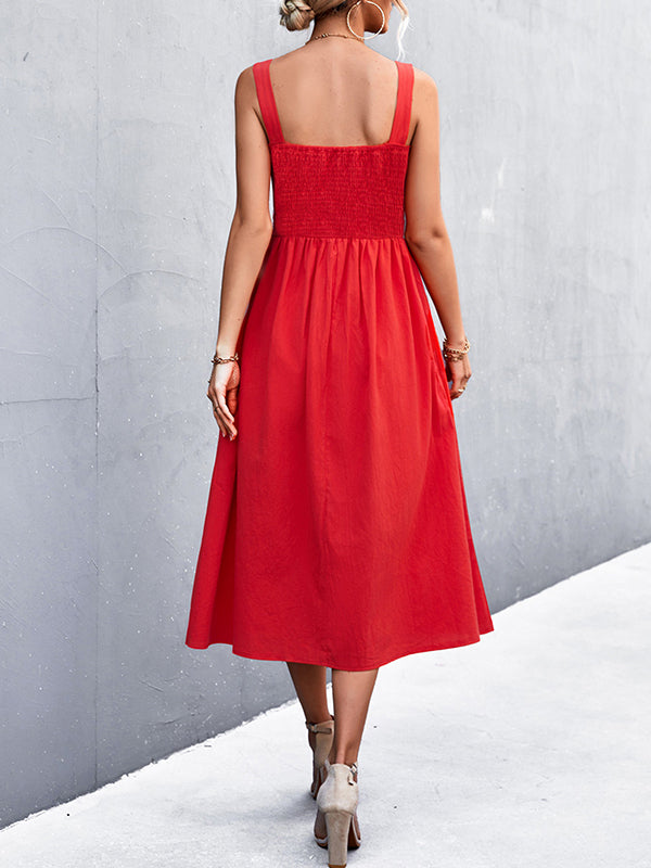 Momentlover Split-Joint Solid Color Pleated Sleeveless High Waisted U-Neck Midi Dresses