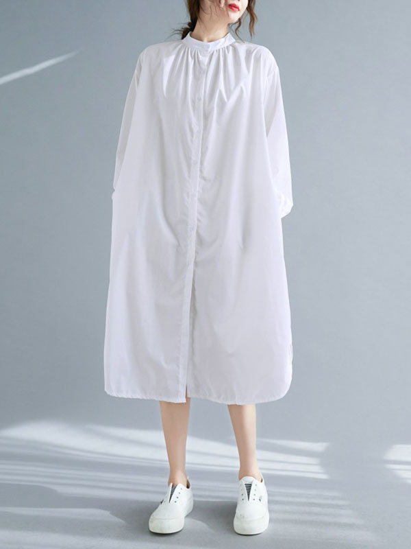 Momentlover Split-Side Elasticity Buttoned Loose Long Sleeves Mock Neck Shirt Dress Midi Dresses