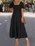 Momentlover Split-Joint Solid Color Pleated Elasticity Short Sleeves High Waisted Square-neck Midi Dresses
