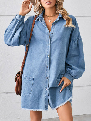 Momentlover Split-Joint Pockets Pleated Fringed Buttoned Loose Long Sleeves Lapel Mini Dresses