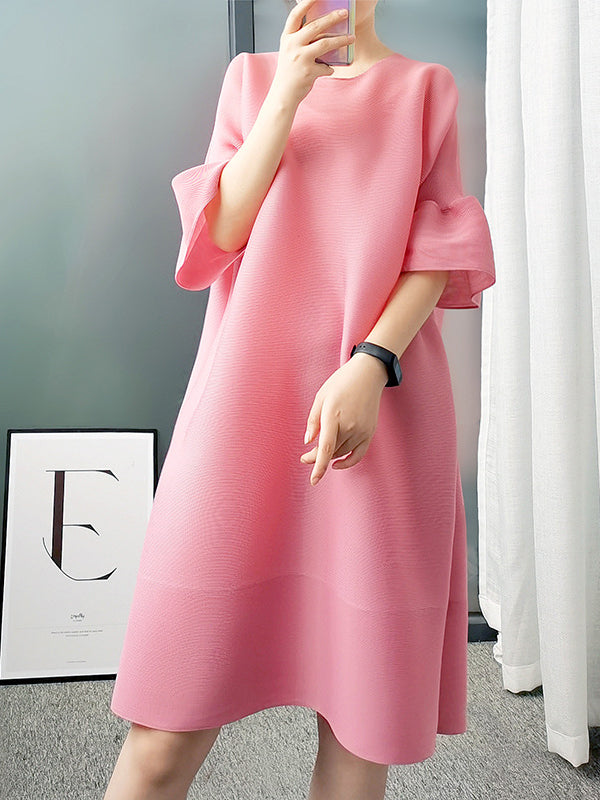 Momentlover Stylish Selection Flared Sleeves A-Line Pleated Solid Color Round-Neck Midi Dresses