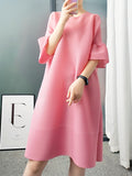 Momentlover Stylish Selection Flared Sleeves A-Line Pleated Solid Color Round-Neck Midi Dresses