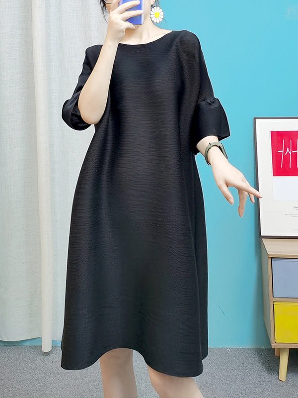 Momentlover Stylish Selection Flared Sleeves A-Line Pleated Solid Color Round-Neck Midi Dresses