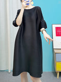Momentlover Stylish Selection Flared Sleeves A-Line Pleated Solid Color Round-Neck Midi Dresses