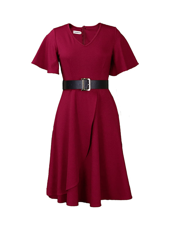 Momentlover Solid Color Belted Puff Sleeves Plus Size Round-neck Midi Dresses