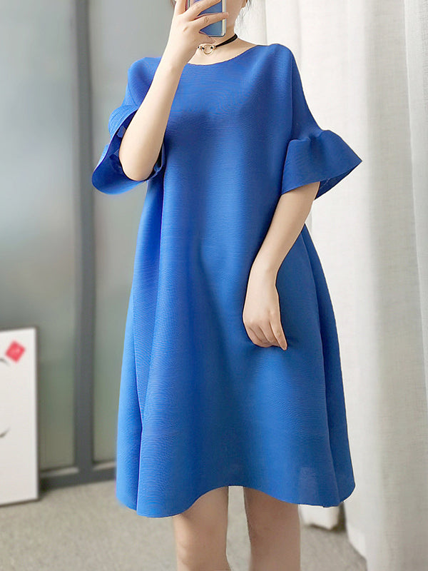 Momentlover Stylish Selection Flared Sleeves A-Line Pleated Solid Color Round-Neck Midi Dresses