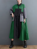 Momentlover Vintage Loose Long Sleeves Contrast Color Polo Midi Dresses
