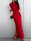 Momentlover Split-Side Solid Color Long Sleeves Bodycon Round-Neck Maxi Dresses