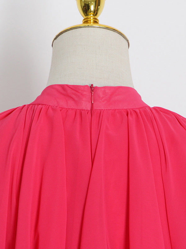 Momentlover Tiered Solid Color Raglan Sleeve Loose Stand Collar Maxi Dresses