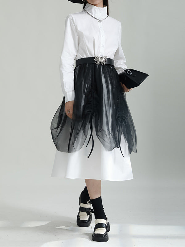 Momentlover Split-Joint Gauze Belted Long Sleeves Stand Collar Shirt Dress Midi Dresses