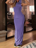 Momentlover Split-Back Solid Color Hooded Sleeveless Skinny Maxi Dresses