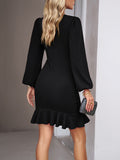 Momentlover Split-Joint Solid Color Pleated Puff Sleeves Loose Round-Neck Mini Dresses
