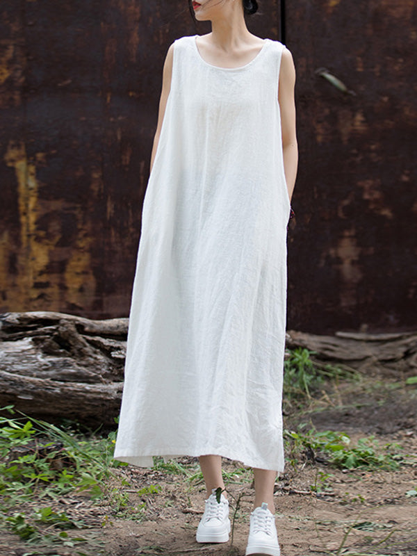 Momentlover Tied Waist Split-Joint Solid Color Drawstring Sleeveless Loose Round-Neck Midi Dresses