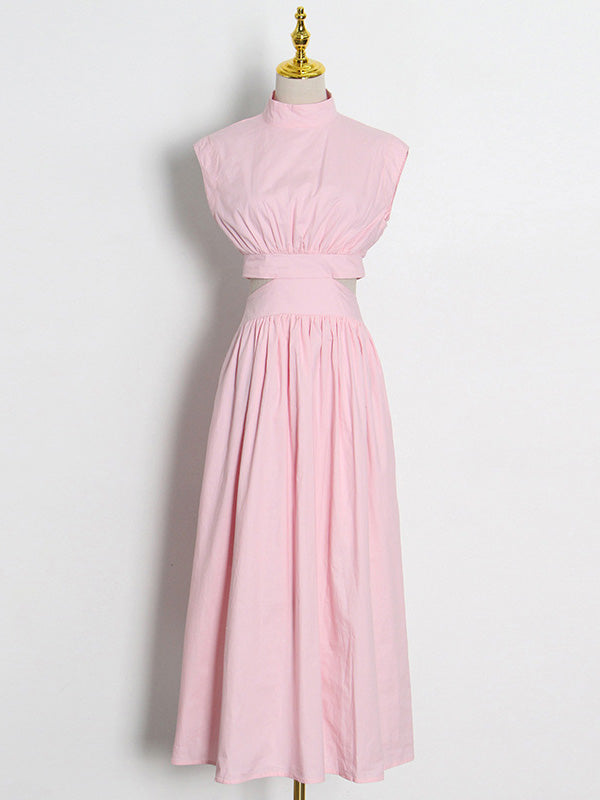 Momentlover Vacation Loose Sleeveless Hollow Solid Color Stand Collar Maxi Dresses