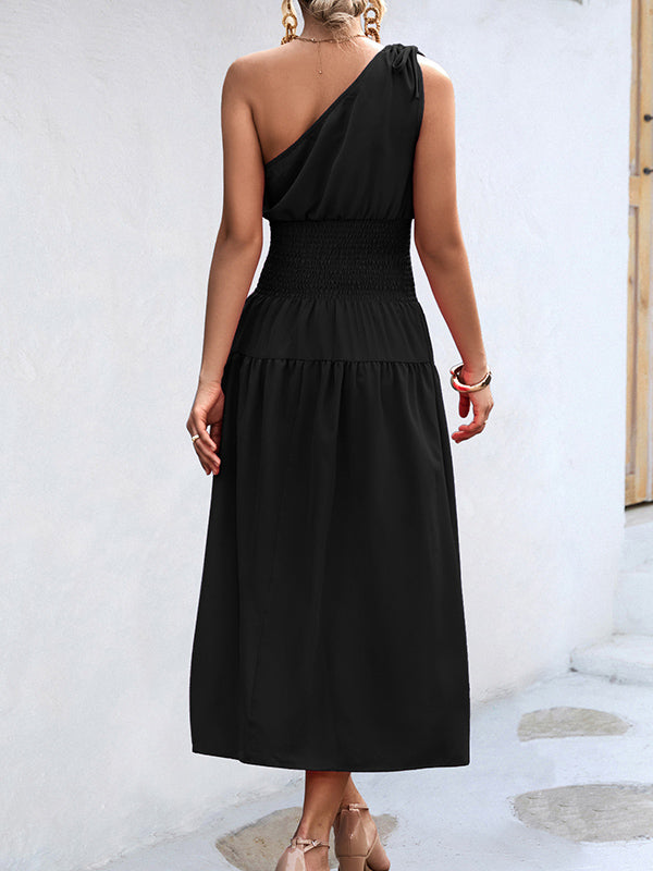 Momentlover Solid Color Sleeveless One-shoulder Midi Dresses
