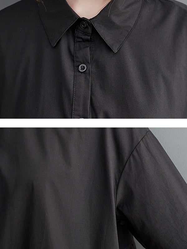 Momentlover Split-Joint Printing Pleated Contrast Color Loose Long Sleeves Polo Midi Dresses