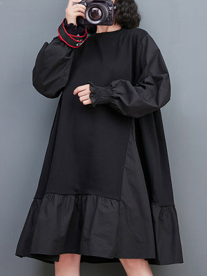 Momentlover Split-Joint Solid Color Pleated Puff Sleeves Loose Round-neck Midi Dresses