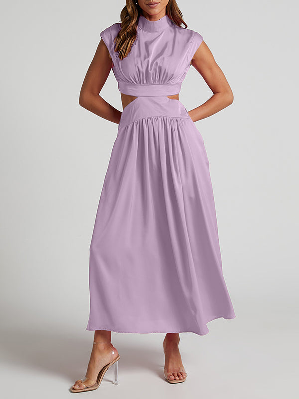 Momentlover Solid Color Pleated Belly-Hollow Cap Sleeve Stand Collar Maxi Dresses