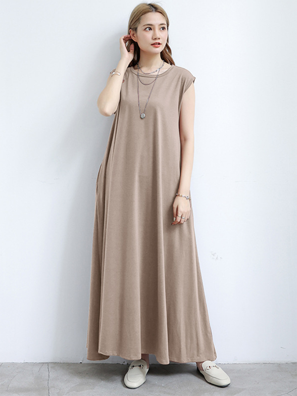 Momentlover Simple Loose Sleeveless Solid Color Round-Neck Maxi Dresses