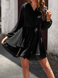 Momentlover Tied Waist Solid Color Ruffled Puff Sleeves Loose V-Neck Mini Dresses