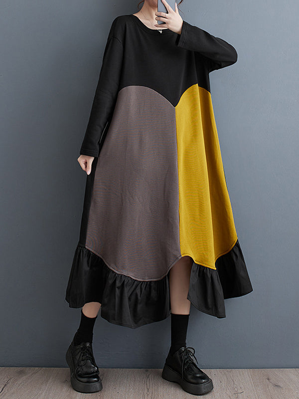 Momentlover Split-Joint Split-front Pleated Contrast Color Loose Long Sleeves Round-neck Midi Dresses