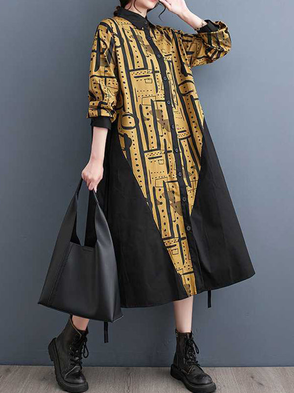 Momentlover Warp Knitting Printed Contrast Color Asymmetric Loose Long Sleeves Lapel Shirt Dress Midi Dresses