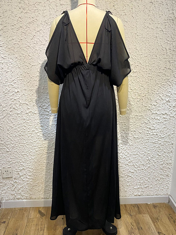 Momentlover Split-front Solid Color Loose Batwing Sleeves Deep V-Neck Maxi Dresses