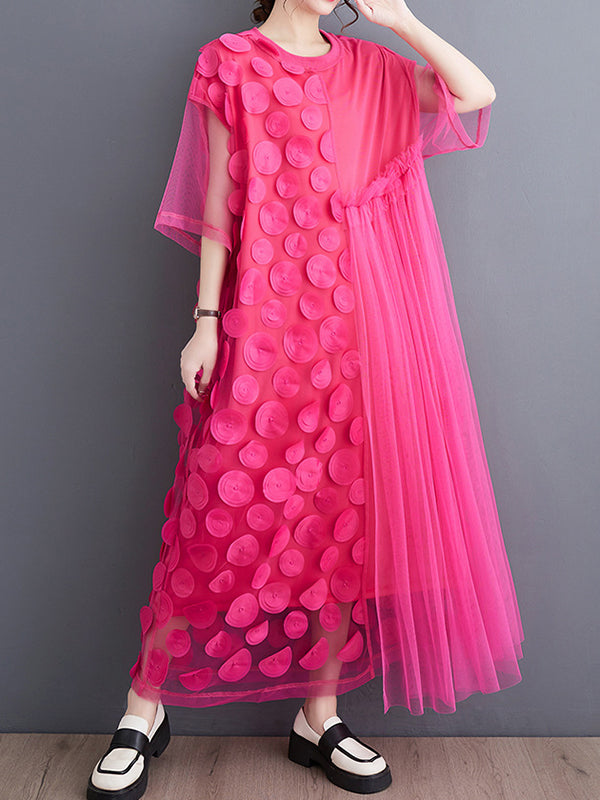 Momentlover Split-Joint Gauze Asymmetric Short Sleeves Loose Round-Neck Midi Dresses