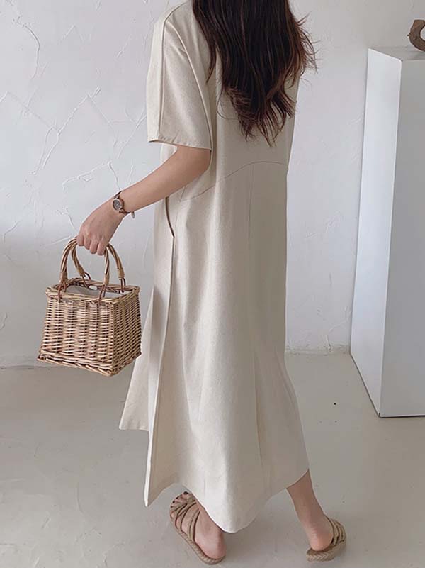 Momentlover Simple Loose Linen Short Sleeves Solid Color V-Neck Midi Dresses