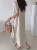 Momentlover Simple Loose Linen Short Sleeves Solid Color V-Neck Midi Dresses
