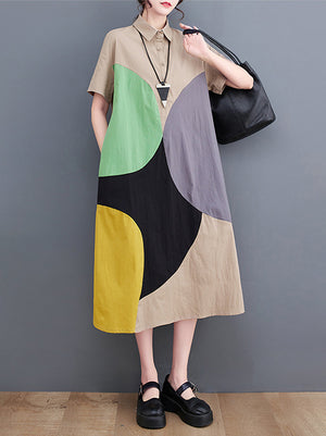 Momentlover Split-Joint Contrast Color Color-Block Short Sleeves Oversize Lapel Shirt Dress Midi Dresses