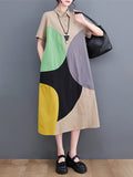 Momentlover Split-Joint Contrast Color Color-Block Short Sleeves Oversize Lapel Shirt Dress Midi Dresses