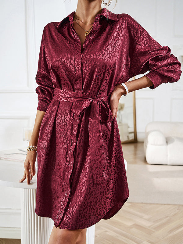 Momentlover Tied Waist Leopard Buttoned Loose Long Sleeves Lapel Shirt Dress Mini Dresses