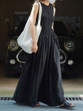 Momentlover Split-Joint Solid Color Pleated Sleeveless Loose Round-Neck Maxi Dresses