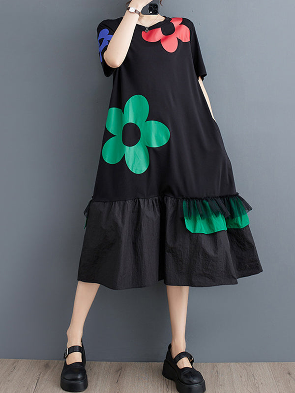 Momentlover Split-Joint Floral Printed Short Sleeves Loose Round-neck Midi Dresses