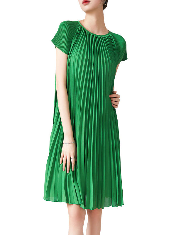 Momentlover Urban Loose Pleated Solid Color Round-Neck Mini Dresses