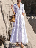 Momentlover Solid Color Hollow Half Sleeves Deep V-Neck Maxi Dresses