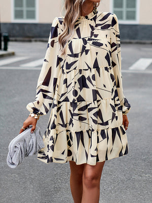 Momentlover Tied Split-Joint Printed Puff Sleeves Loose Mock Neck Mini Dresses