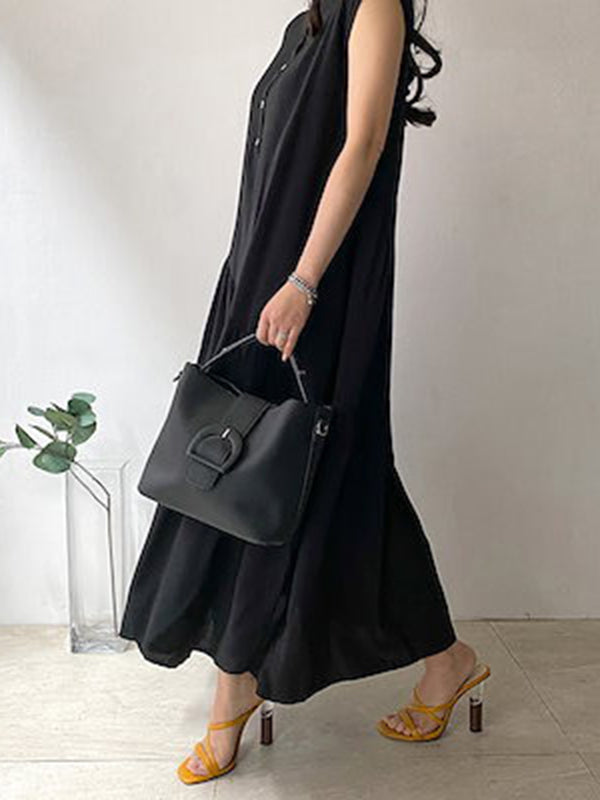 Momentlover Tiered Split-Joint Solid Color Ruffled Pleated Buttoned Sleeveless Loose Stand Collar Midi Dresses