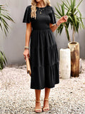 Momentlover Solid Color Elastics Short Sleeves Loose Round-neck Midi Dresses