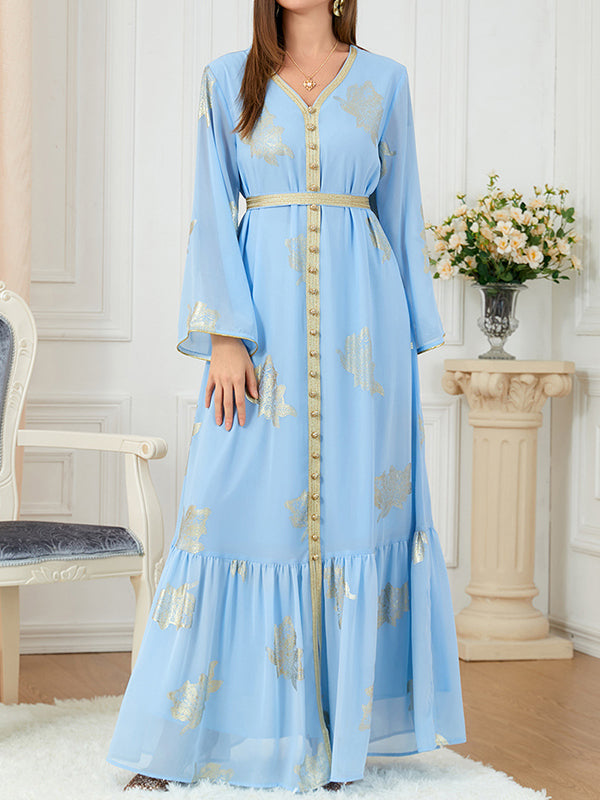 Momentlover Tied Waist Split-Joint Split-Front Printed Pleated Loose Long Sleeves V-Neck Maxi Dresses