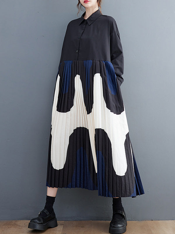 Momentlover Split-Joint Printing Pleated Contrast Color Loose Long Sleeves Polo Midi Dresses