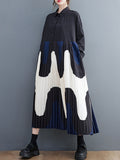 Momentlover Split-Joint Printing Pleated Contrast Color Loose Long Sleeves Polo Midi Dresses