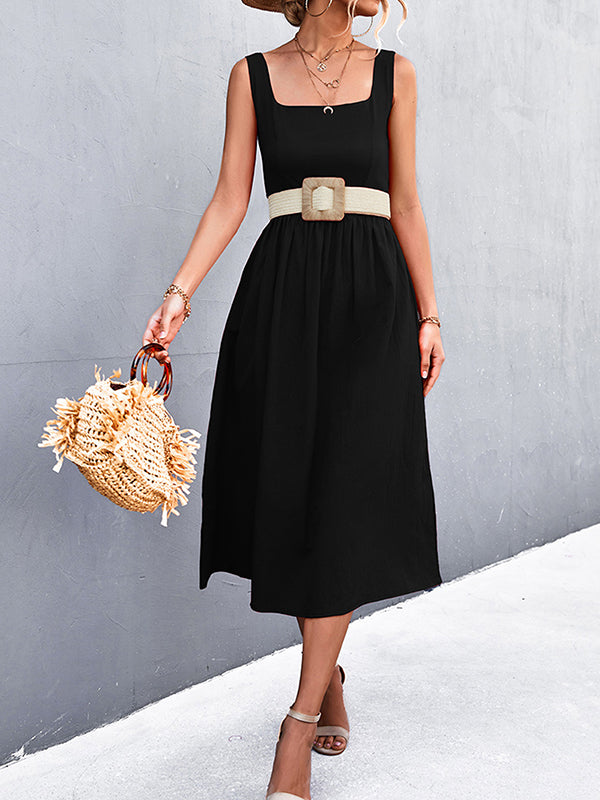 Momentlover Split-Joint Solid Color Pleated Sleeveless High Waisted U-Neck Midi Dresses