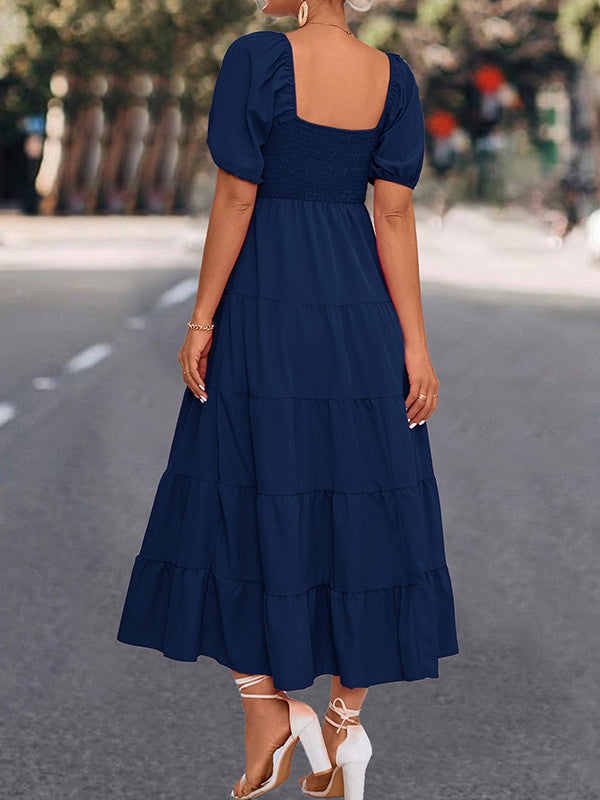 Momentlover Split-Joint Solid Color Pleated Elasticity Short Sleeves High Waisted Square-neck Midi Dresses