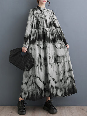 Momentlover Tie-dyed Split-Joint Pleated Loose Long Sleeves Stand Collar Midi Dresses