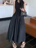 Momentlover Split-Joint Solid Color Pockets Pleated Sleeveless High Waisted Round-Neck Midi Dresses