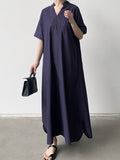 Momentlover Solid Color Short Sleeves Loose V-Neck Maxi Dresses